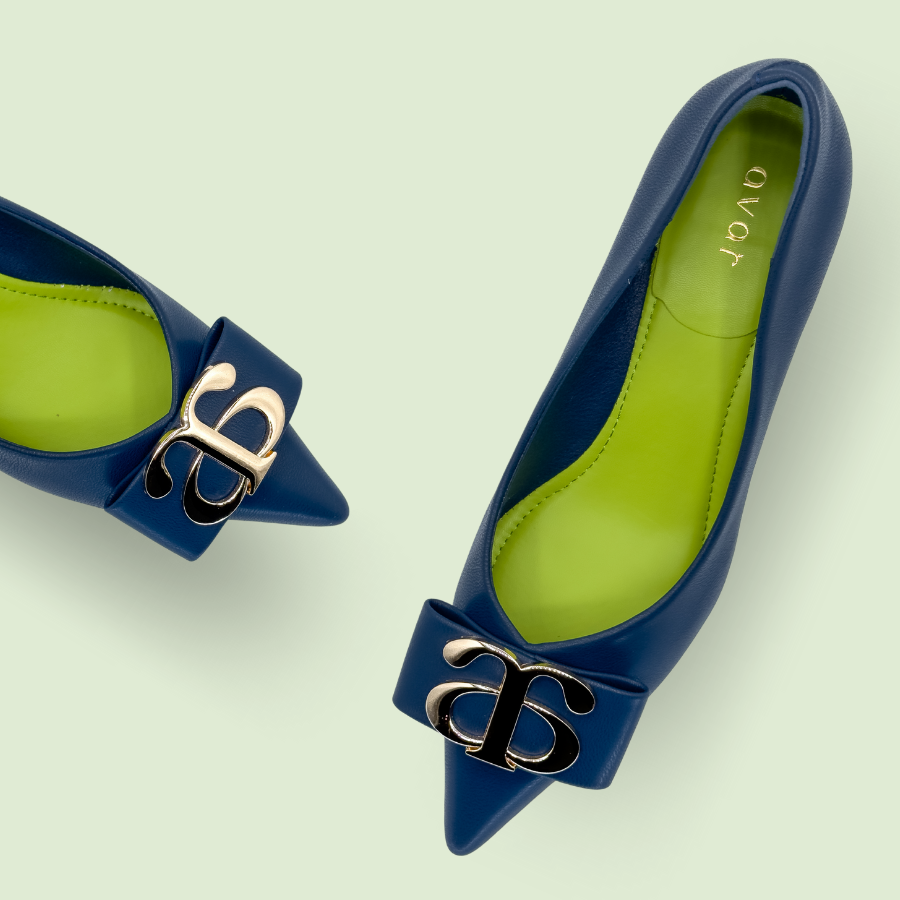 Dark blue Eco Glam Heels made from vegan apple peel leather with 6.5 cm heels and gold logo detail