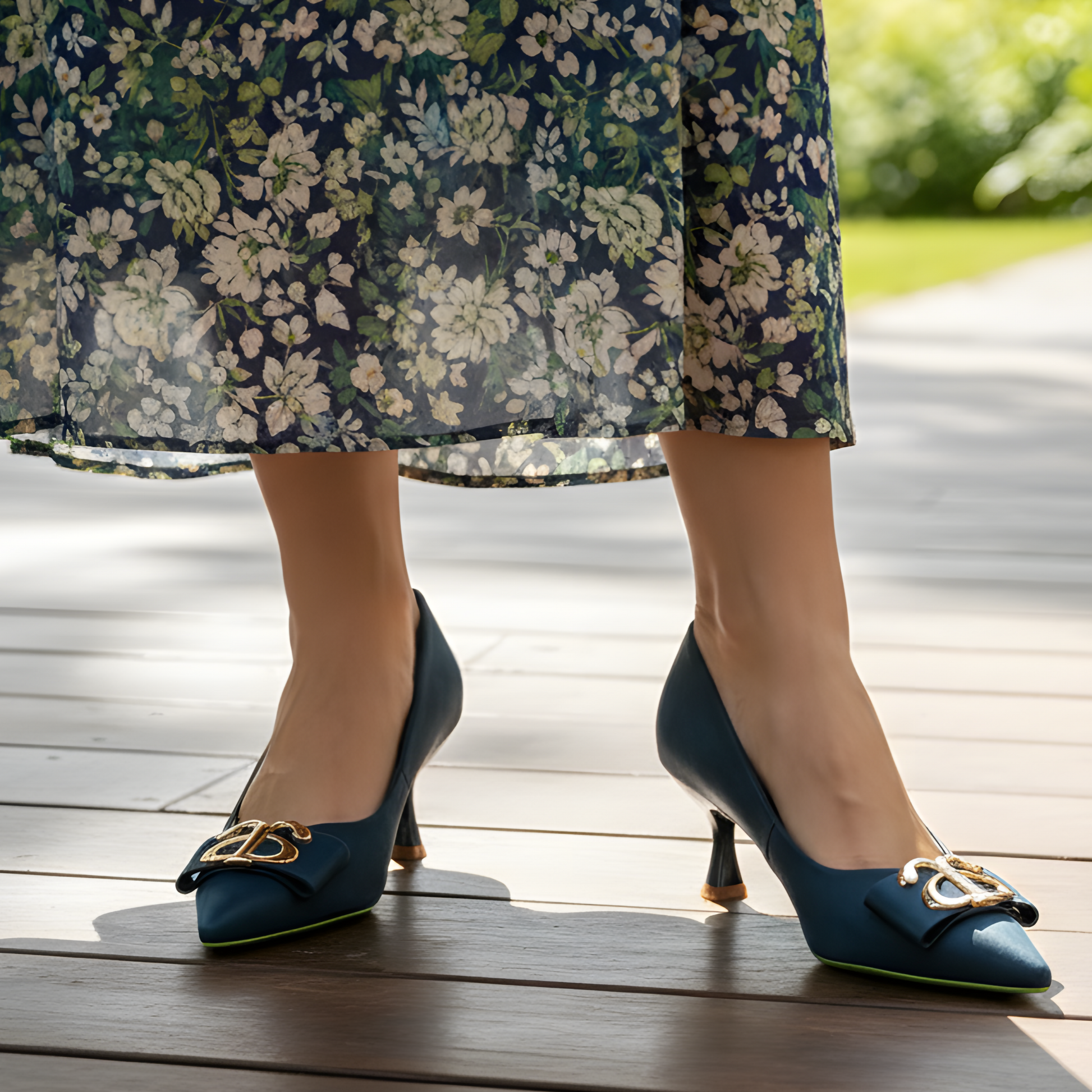 Dark blue Eco Glam Heels made of vegan apple peel leather with 6.5 cm heels and gold buckle detail.
