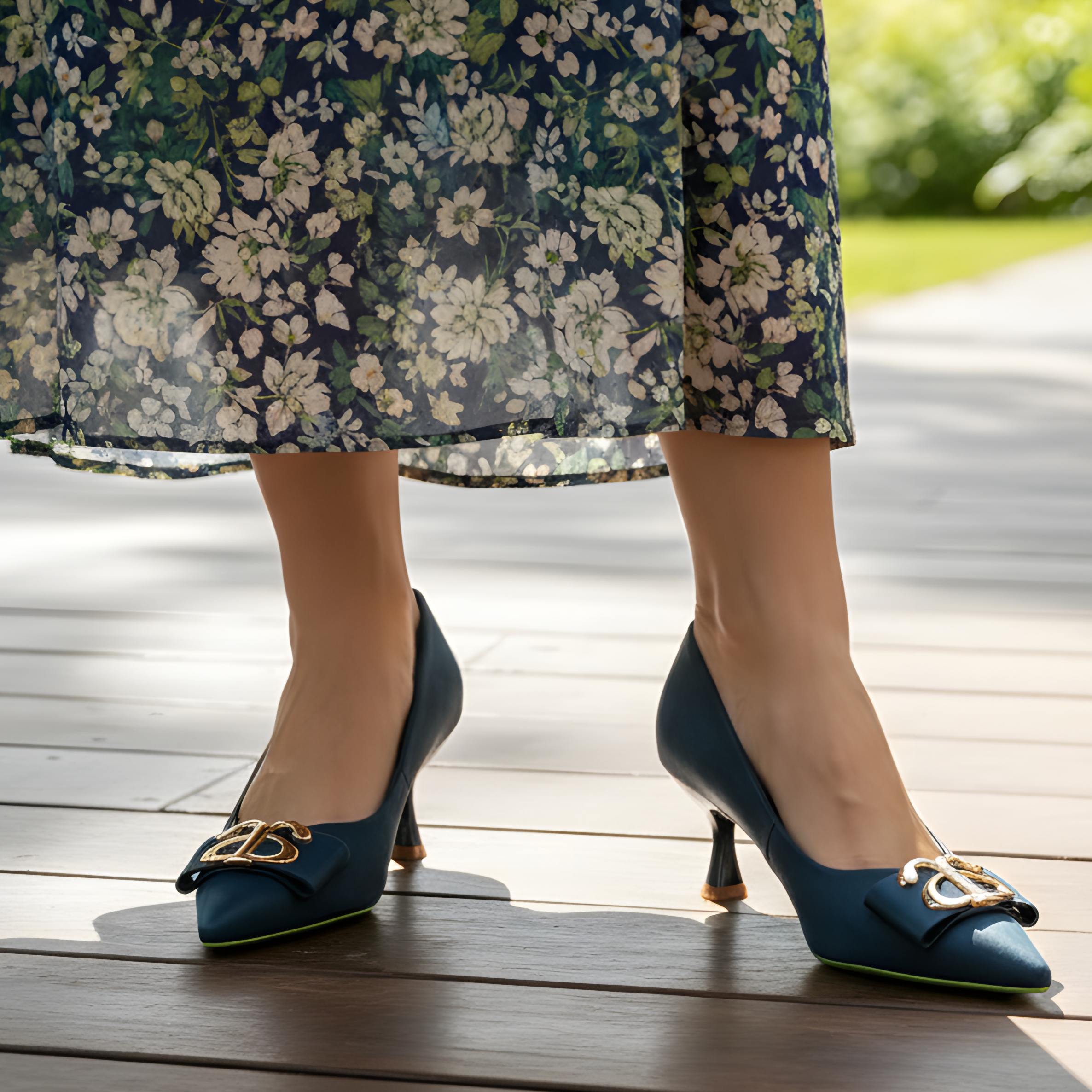 Dark blue Eco Glam Heels made of vegan apple peel leather with 6.5 cm heels and gold buckle detail.
