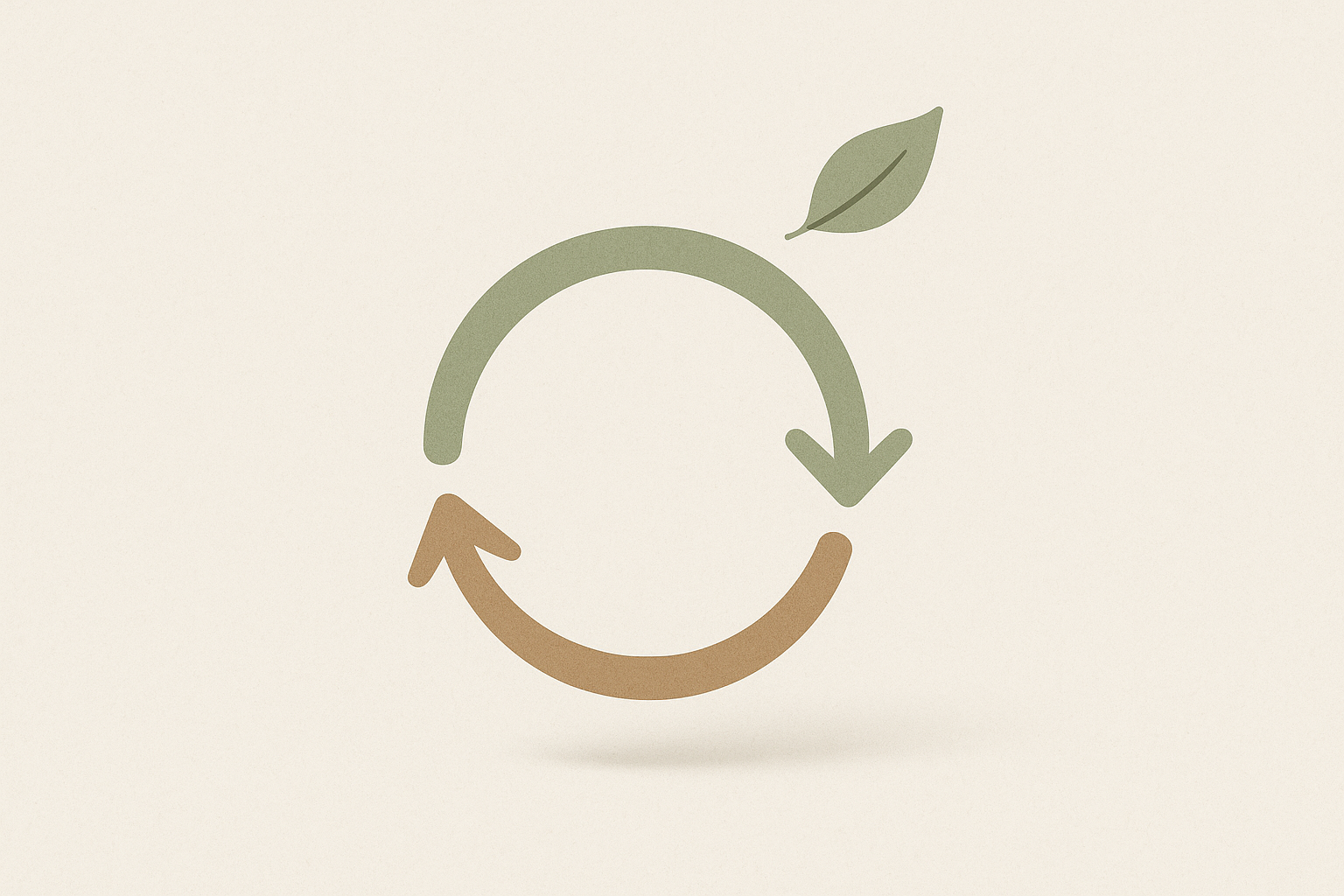 A minimalist design showing a gentle circular flow or loop, representing return and continuity. Use muted earth tones (moss green, clay brown, ivory) with a soft shadow effect to imply depth. Include subtle elements like a falling leaf or closed loop arrows in an abstract form to symbolize eco-conscious refund processes. No text.