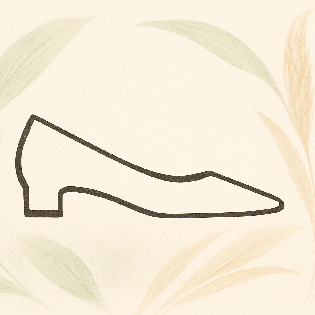 Abstract outline of a women’s heel or flat, not detailed, positioned elegantly on a clean background. Surround the silhouette with subtle plant-inspired textures — leaves, corn husks, or fibers — using soft pastel greens and earthy tones. Light gradients and gentle shadows to create depth while keeping the design modern, premium, and editorial. The focus is on layout and mood, evoking sustainability and plant-based origins without showing a literal product.”
