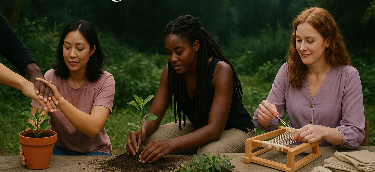 crafted for you, designed with care banner with natural backdrops, women coming together to create a better world with sustainability and ethical values. Colors of green, black and pastels to highlight unity amongst the dark nature