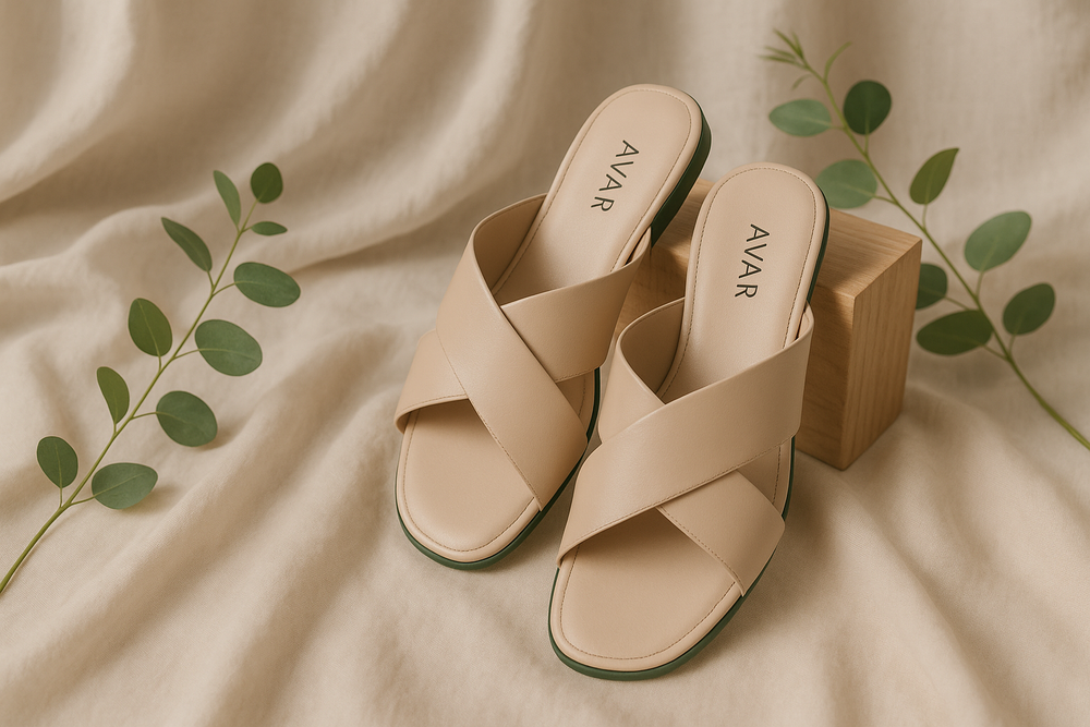 “Lifestyle editorial image of chic vegan sandals by AVAR. Sandals displayed on a soft, elegant setting — such as light fabric drapes, natural wood, or minimal greenery — to evoke a sophisticated, eco-conscious vibe. Subtle green sole detail visible to highlight AVAR’s sustainability identity. Lighting is soft and natural, creating a premium, aspirational feel. Focus on mood, elegance, and the sandals’ chic silhouette, perfect for banners, collection pages, or social media.”