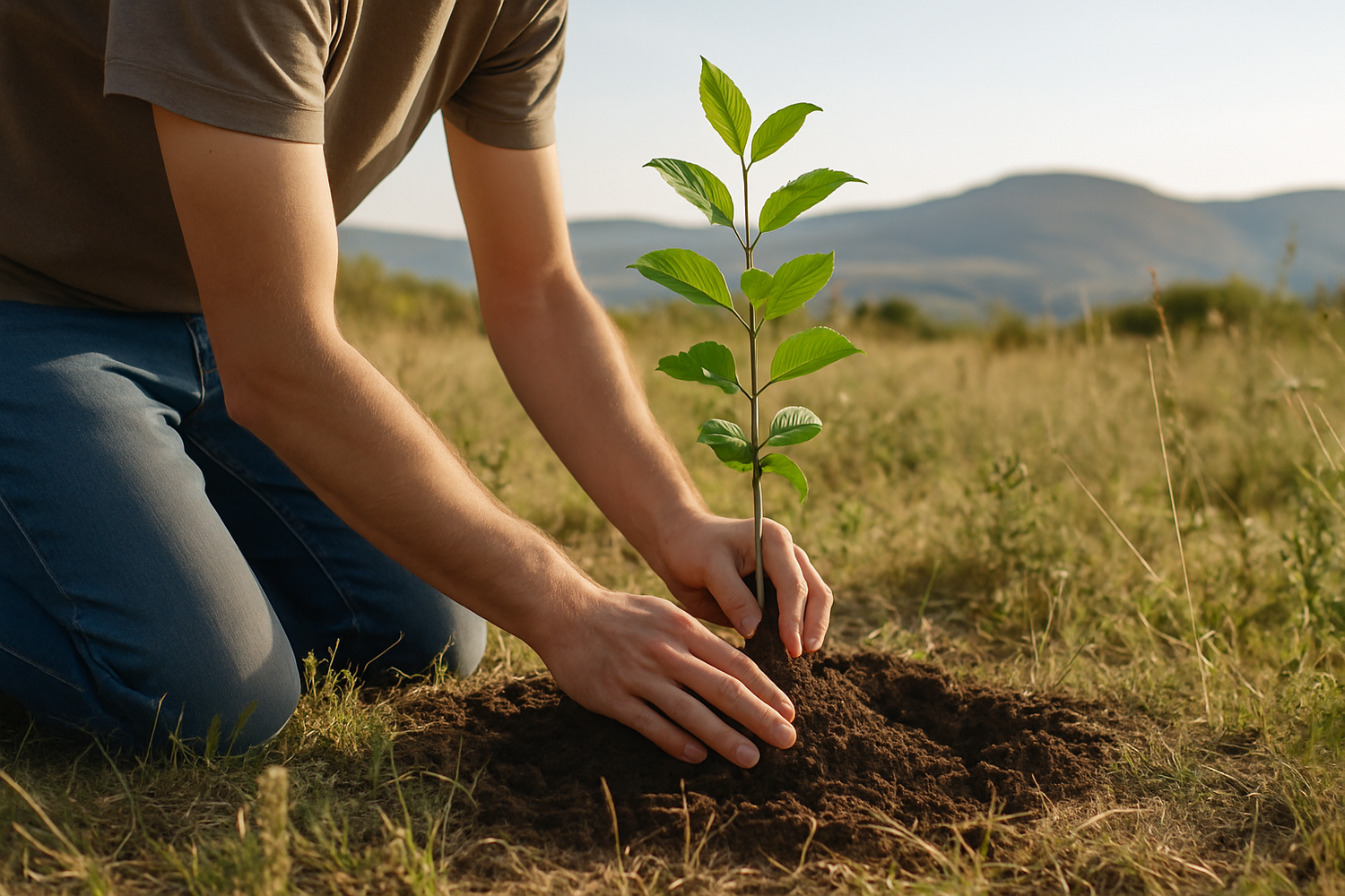 planting a small tree in open land with natural surrounding