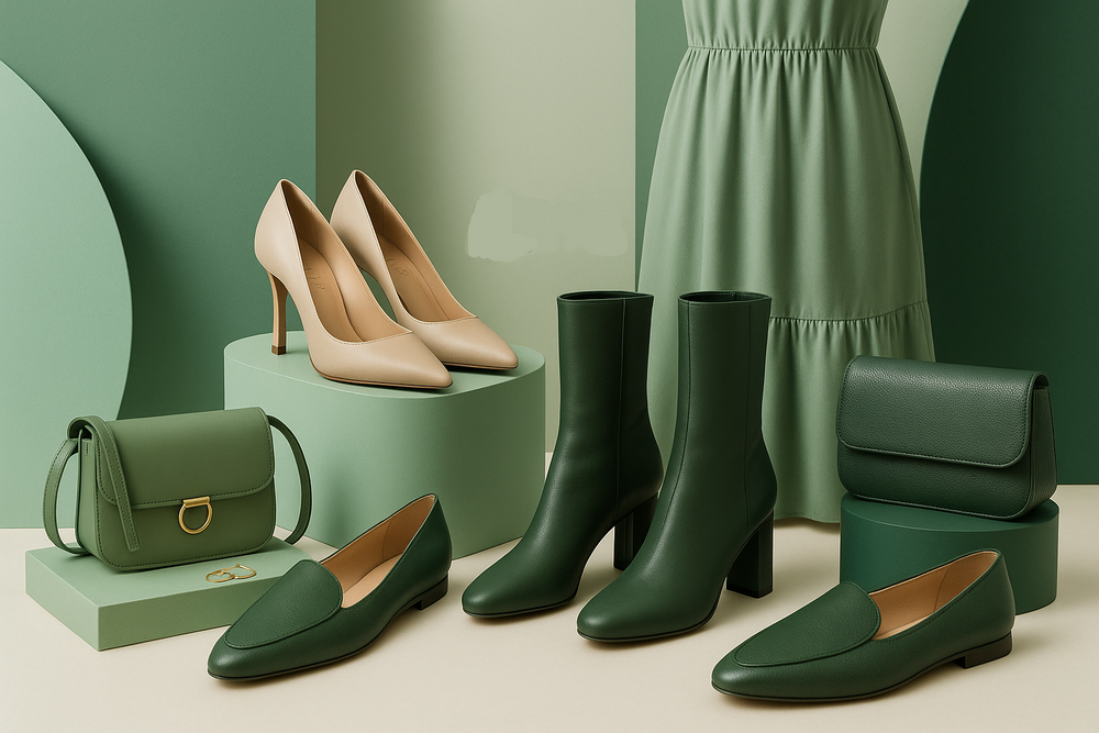 vegan luxury fashion with minimalist background with shades of green and emphasise on AVAR footwear for women