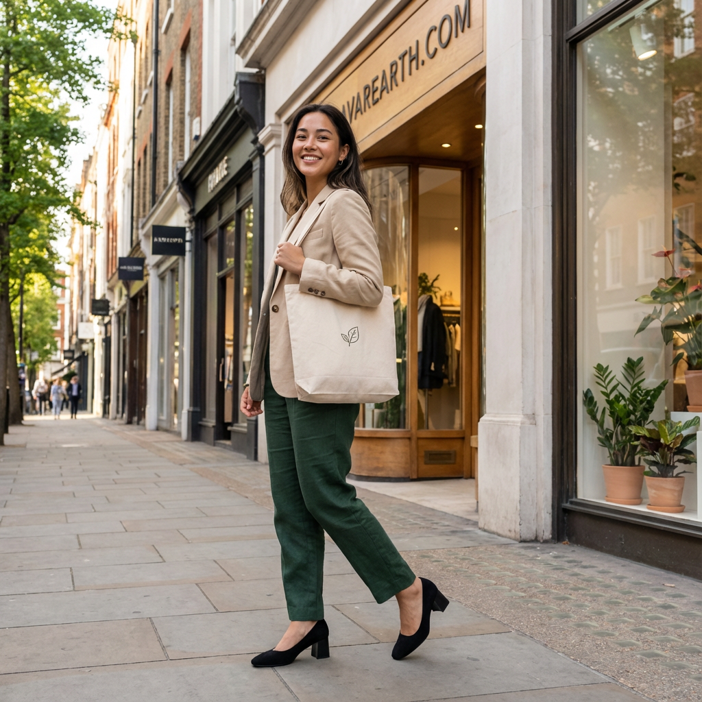 Woman walking on city street wearing black Terra Drop Heels with 6.5 cm heel, beige blazer, and green pants