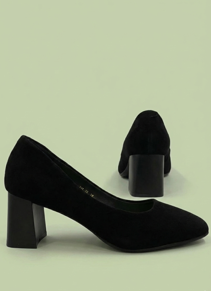 Black Terra Drop Heels in cotton suede leather with 6.5 cm block heel, vegan and regular fit design