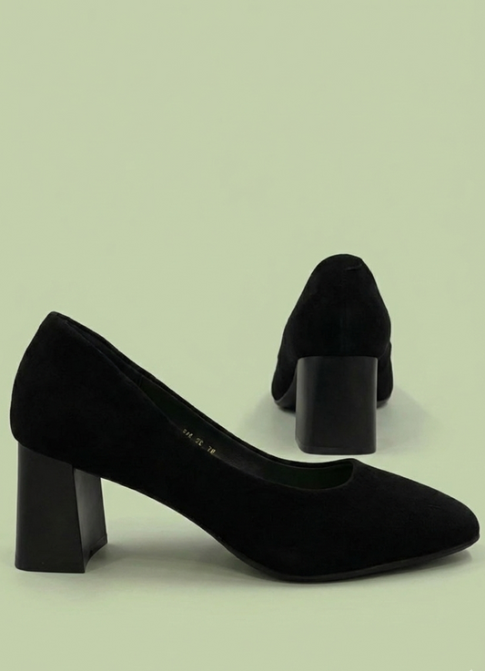 Black Terra Drop Heels in cotton suede leather with 6.5 cm block heel, vegan and regular fit design