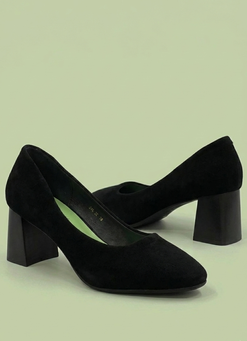 Black Terra Drop Heels in cotton suede leather with 6.5 cm block heel, 100% vegan and regular fit