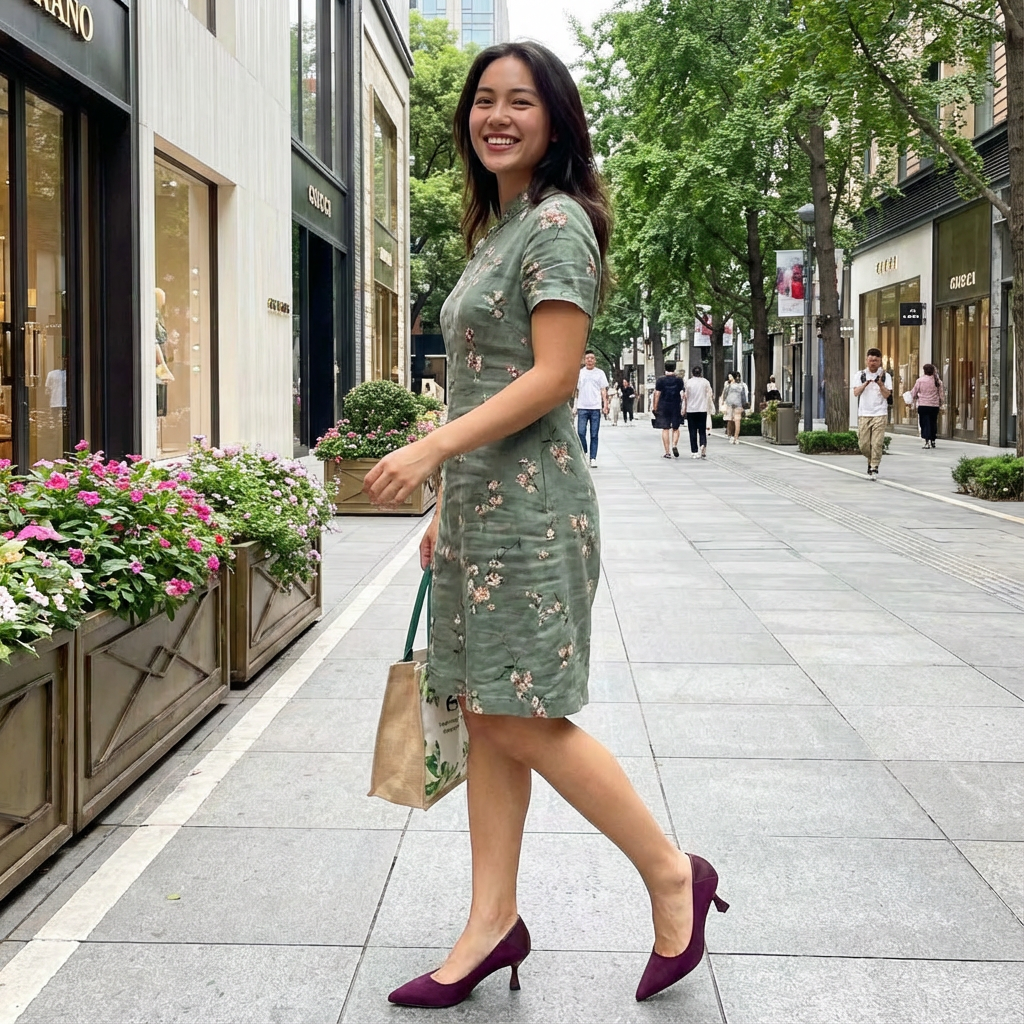 Woman walking on city street wearing purple Cotton Cloud Comfort heels with 5 cm heel, paired with green floral dress