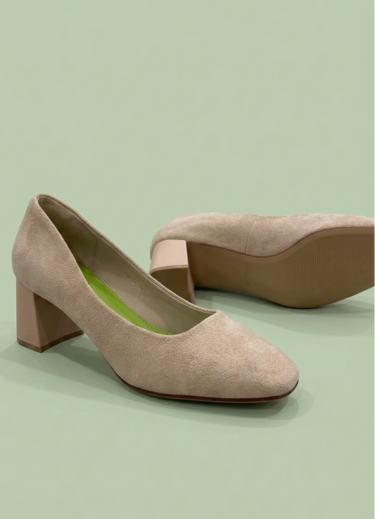 Beige Dew Drop Heels in cotton suede leather with 6.5 cm block heel, 100% vegan, regular fit, true to size shoes