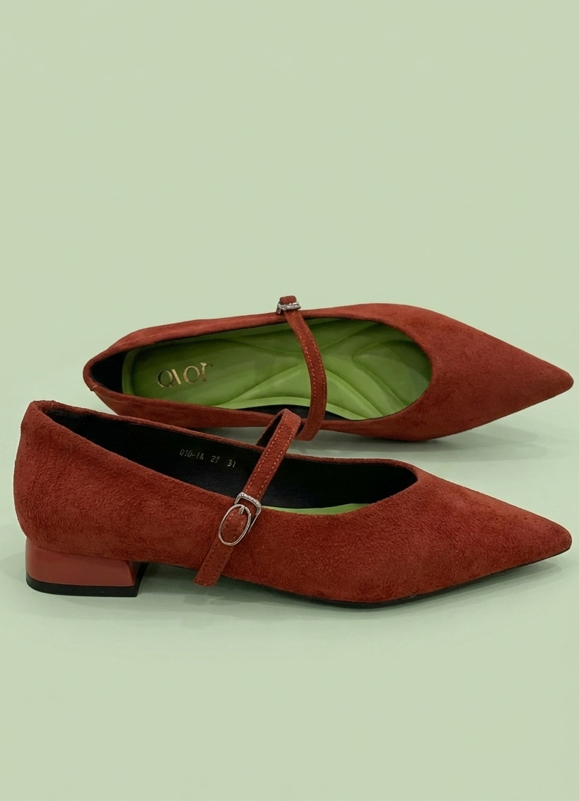 Red Soft Echo Bellies flat vegan cotton suede leather shoes with strap and regular fit