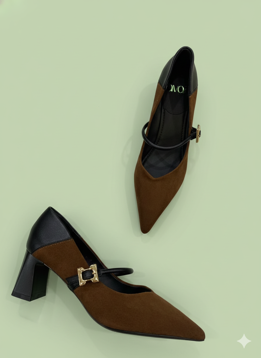 Grace Weave Pumps in chocolate brown and black cotton suede leather with 5cm heels and vegan material