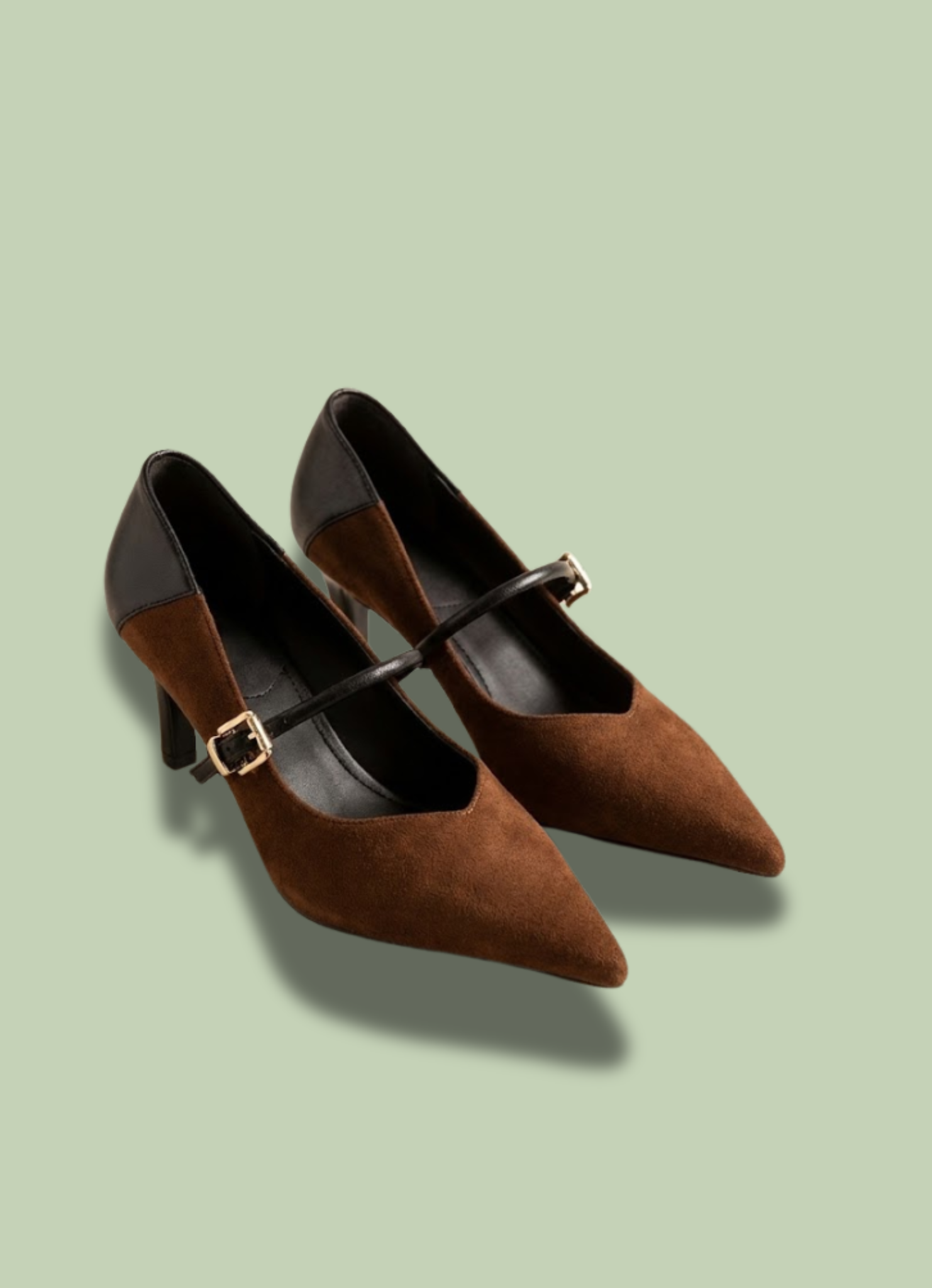 Grace Weave Pumps in chocolate brown cotton suede leather with 6 cm heel and adjustable strap, 100% vegan and true to size.