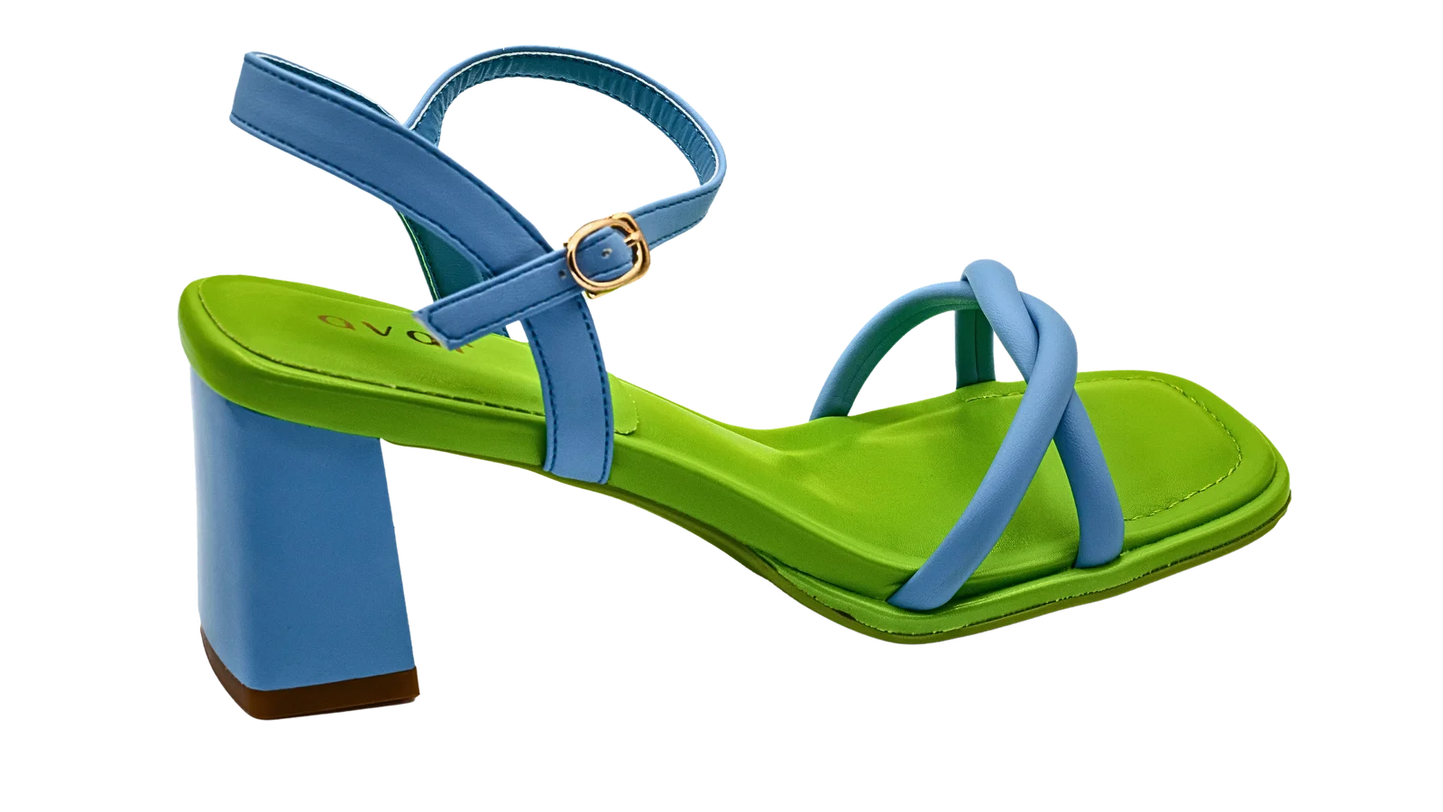  close-up of Avarerarth's pretty lemon and blue sandals, perfect for summer and the striking green insole. These cruelty-free and eco-friendly avarshoes are perfect for any summer party. Forever chic sienna heels.
