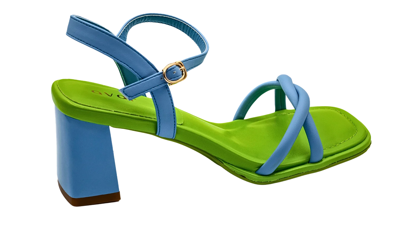  close-up of Avarerarth's pretty lemon and blue sandals, perfect for summer and the striking green insole. These cruelty-free and eco-friendly avarshoes are perfect for any summer party. Forever chic sienna heels.