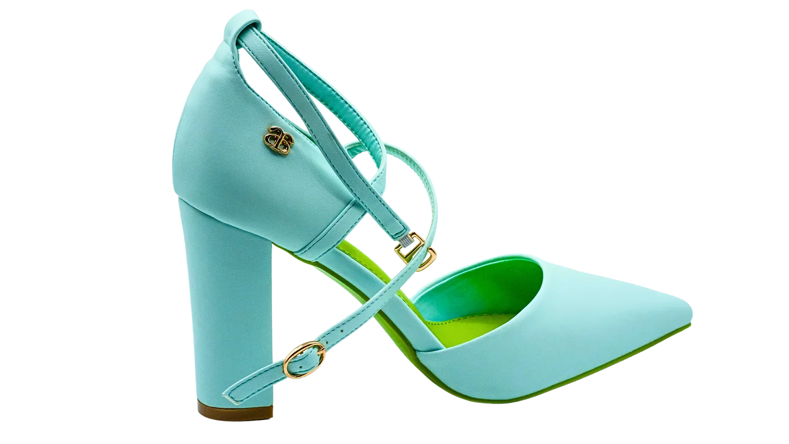 A close-up of avarerarth's stylish turquoise Pina Stride sandals, featuring a long block heel and a bold green sole. These sustainable and eco-conscious avarshoes are a perfect blend of fashion and responsibility.