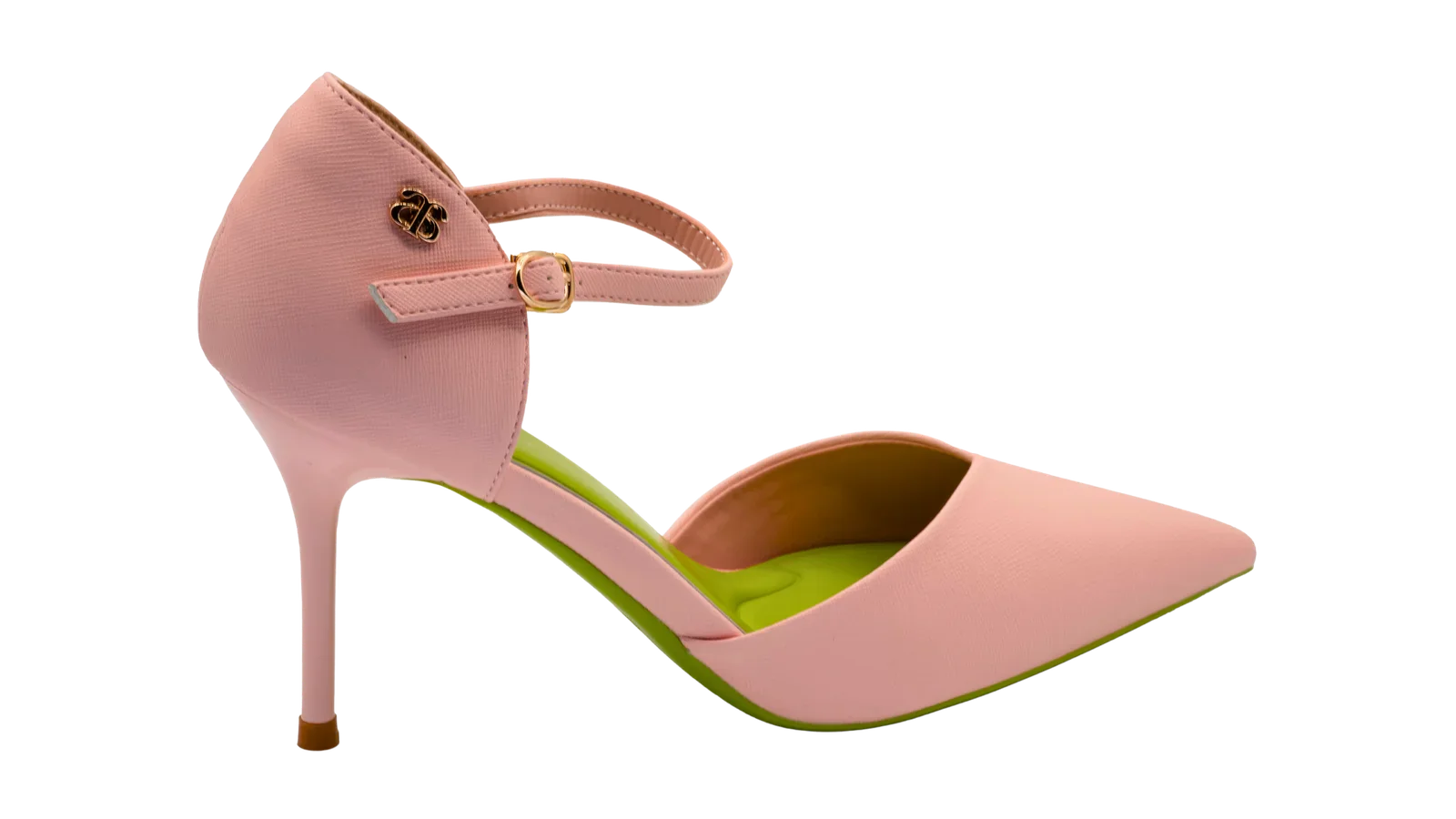 A close-up of avarerarth's stylish pink heels, featuring a delicate ankle strap and a bold green sole. These sustainable and eco-conscious avarshoes are a perfect blend of fashion and responsibility. These are eco glow heels.