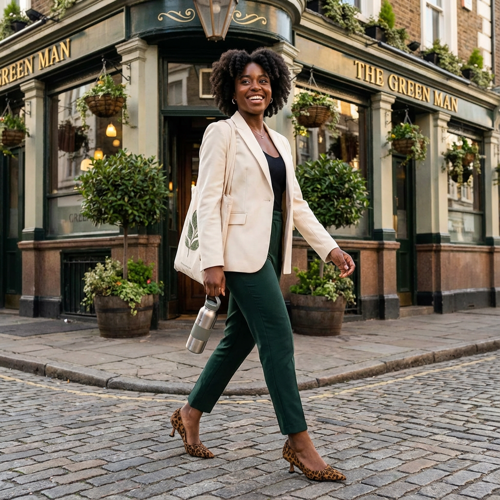 Woman walking on cobblestone street wearing leopard print Moss Whisper Mules with 5 cm heels, beige blazer, and green pants